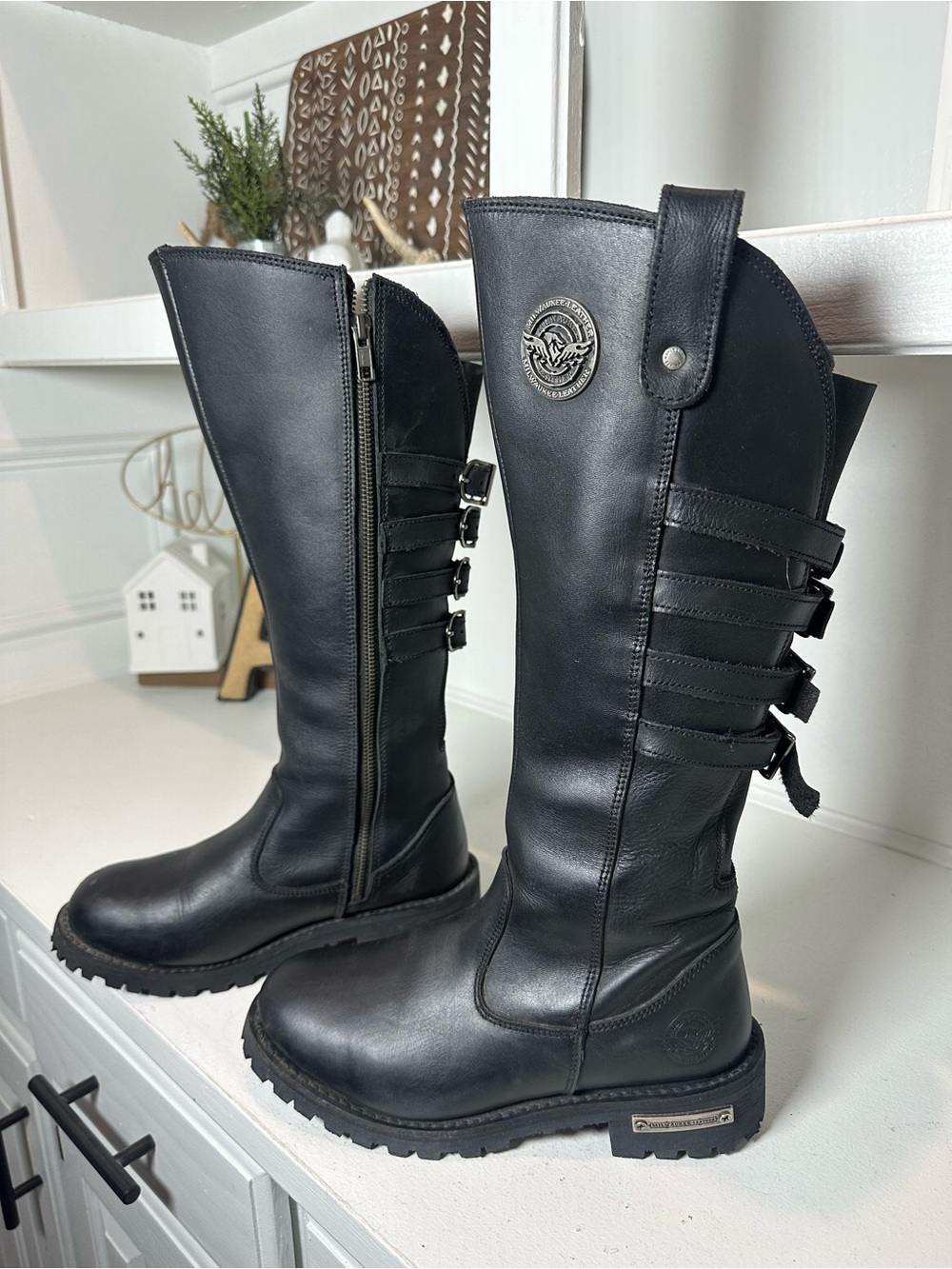 Milwaukee Leather Motorcycle Boots Womens 7.5 Black Tall Riding Harness Biker
